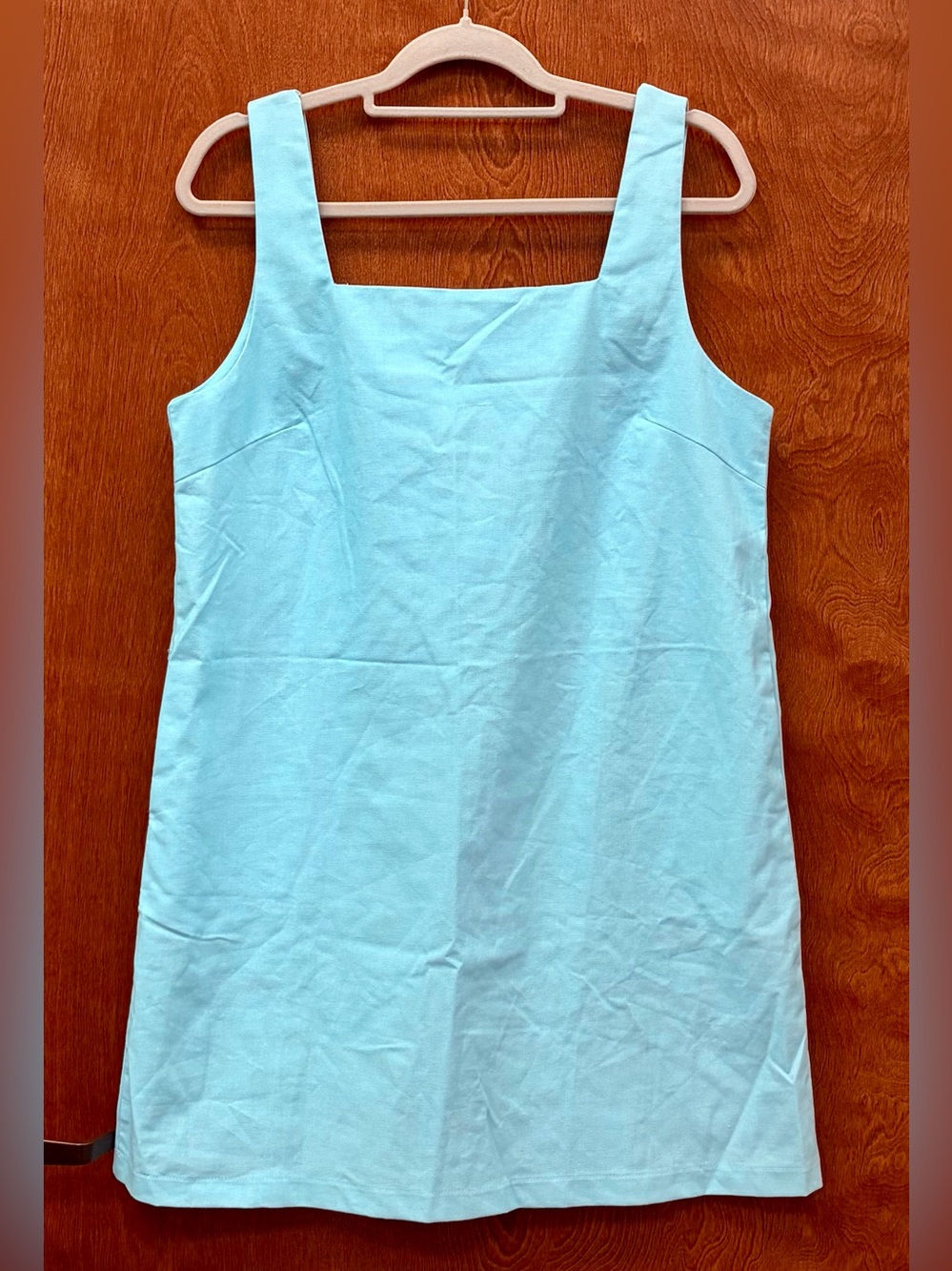 Summer Sleeveless Cotton Linen Mini Tank Shift Square Neck Dress Turquoise Large